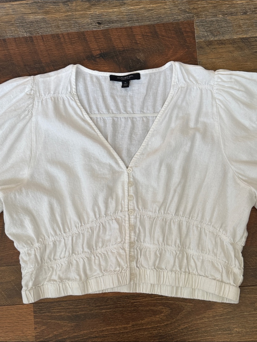 Marc New York Andrew Marc White Linen Blend Smocked Puff Sleeve Crop Top XL - Picture 5 of 8